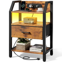 Led Bedside Table With Charging Station & Fabric Drawer, Modern Bedside Cabinet For Living Room And Bedroom, Brown - thumbnail 1