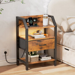 Led Bedside Table With Charging Station & Fabric Drawer, Modern Bedside Cabinet For Living Room And Bedroom, Brown - thumbnail 2