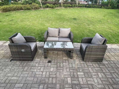 Fimous Dark Grey Pe Wicker Rattan Garden Furniture Set Love Sofa Reclining Chair Outdoor Coffee Table 4 Seater - image 1
