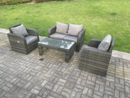 Fimous Dark Grey Pe Wicker Rattan Garden Furniture Set Love Sofa Reclining Chair Outdoor Coffee Table 4 Seater - thumbnail 2