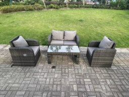 Fimous Dark Grey Pe Wicker Rattan Garden Furniture Set Love Sofa Reclining Chair Outdoor Coffee Table 4 Seater - thumbnail 1