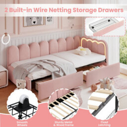Btm 3Ft Daybed With Rgb Led, 2 Storage Drawers, Velvet, Scalloped Backrest, Pink (No Mattress) - thumbnail 9