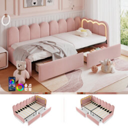 Btm 3Ft Daybed With Rgb Led, 2 Storage Drawers, Velvet, Scalloped Backrest, Pink (No Mattress) - thumbnail 1
