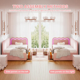 Btm 3Ft Daybed With Rgb Led, 2 Storage Drawers, Velvet, Scalloped Backrest, Pink (No Mattress) - thumbnail 6