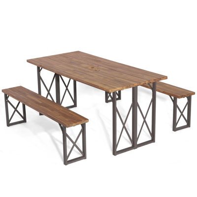 Costway 3 Pieces Outdoor Picnic Table & Bench Set Garden Wooden Dining Table W/ Umbrella Hole - image 1