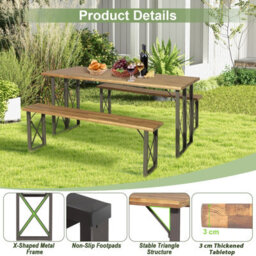 Costway 3 Pieces Outdoor Picnic Table & Bench Set Garden Wooden Dining Table W/ Umbrella Hole - thumbnail 6