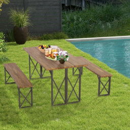 Costway 3 Pieces Outdoor Picnic Table & Bench Set Garden Wooden Dining Table W/ Umbrella Hole - thumbnail 9