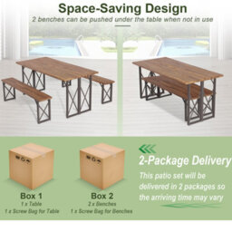 Costway 3 Pieces Outdoor Picnic Table & Bench Set Garden Wooden Dining Table W/ Umbrella Hole - thumbnail 3