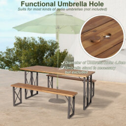 Costway 3 Pieces Outdoor Picnic Table & Bench Set Garden Wooden Dining Table W/ Umbrella Hole - thumbnail 5