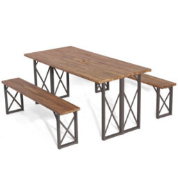 Costway 3 Pieces Outdoor Picnic Table & Bench Set Garden Wooden Dining Table W/ Umbrella Hole - thumbnail 1