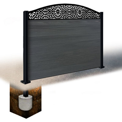 Easycomposite 4Ft Composite Fence Panel & Aluminium Post Sunken In Ground - Anthracite Boards & Morocco Curved Topper Trellis - image 1
