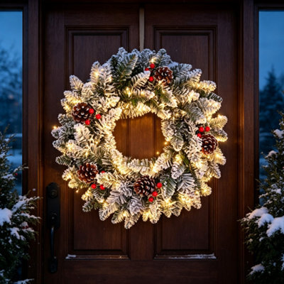 Amorly Christmas Wreath With Light For Front Door Snowflake Snow Ball Pinecone Ornaments Wreath For Winter Christmas Party Decorations - image 1