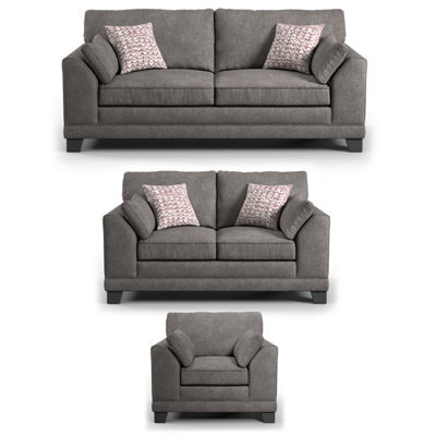 Furnishings For Less UK Hilliard Fullback Fabric 3 Piece Sofa Suite Grey - image 1