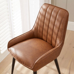 The Furniture Market Cooper Vintage Tan Brown Faux Leather Dining Chair Flute Back Design Black Satin Metal Legs Cushioned Seat Adjustable Feet - thumbnail 5
