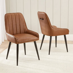 The Furniture Market Cooper Vintage Tan Brown Faux Leather Dining Chair Flute Back Design Black Satin Metal Legs Cushioned Seat Adjustable Feet - thumbnail 3