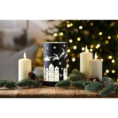 Black Glass Tealight Holder With Sleigh Scene Festive Candle Holder