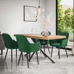 More4Homes Donni Dining Table And Chairs -  Oak Effect Table Top W Black Legs + Anika Velvet Dining Chair Set Of 6 (Green)