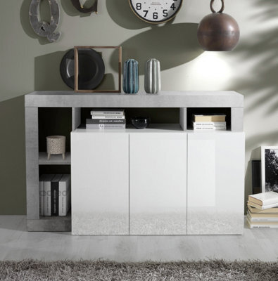 FurniComp LTD Furnicomp Lorenzo 3 Door White Gloss And Concrete Grey Sideboard - image 1