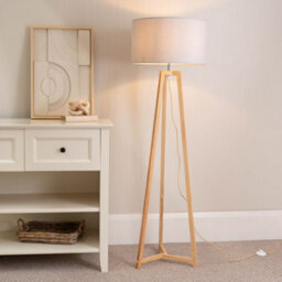 Valuelights Lottie Natural Wood Tripod Floor Lamp With Grey Drum Shade - Led Bulb Included