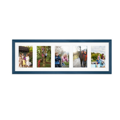 AK Frames 26X8 Navy Blue Classic Multi Photo Frame With White Mount - Holds 5 Apertures (5X) 6X4 Photos - image 1