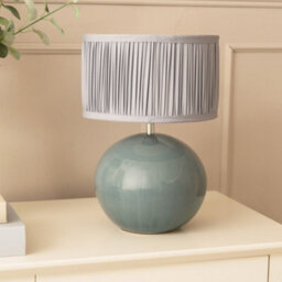 Valuelights Bosco Eucalyptus Ceramic Table Lamp With Ruched Pleated Powder Blue Fabric Drum Lamp Shade - thumbnail 1