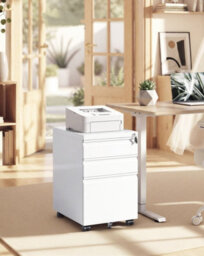 LEDREM 3 Drawer File Cabinet, Metal Filing Cabinet For Home Office,3 Lockable Drawers, Rolling Printer Stand For Office,  Matte White - thumbnail 1