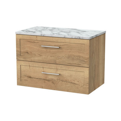 Balterley Stonnall Traditional Wall Hung 2 Drawers Vanity Unit With Carrera Marble Laminate Worktop, 800mm, Autumn Oak - image 1