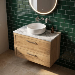 Balterley Stonnall Traditional Wall Hung 2 Drawers Vanity Unit With Carrera Marble Laminate Worktop, 800mm, Autumn Oak - thumbnail 3