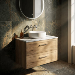 Balterley Stonnall Traditional Wall Hung 2 Drawers Vanity Unit With Carrera Marble Laminate Worktop, 800mm, Autumn Oak - thumbnail 2