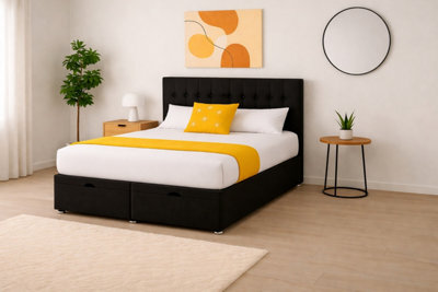 Comfy Deluxe 2Ft6 Small Single Black Plush Florence Ottoman Lift Open Storage Bed Set Headboard With Mattress