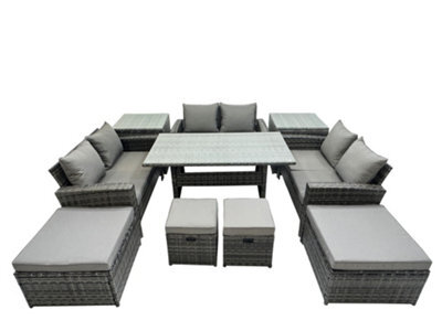 Fimous 10 Seater Wicker Pe Rattan Furniture Outdoor Dining Table Double Seat Sofa 2 Side Tables 4 Stools Set Dark Grey Mixed - image 1
