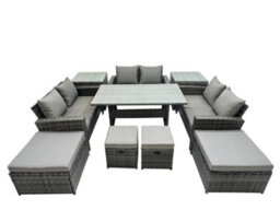 Fimous 10 Seater Wicker Pe Rattan Furniture Outdoor Dining Table Double Seat Sofa 2 Side Tables 4 Stools Set Dark Grey Mixed - thumbnail 1