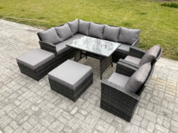 Fimous Outdoor Rattan Garden Furniture Corner Sofa Set With Oblong Dining Table 2 Big Footstool 2 Armchairs - thumbnail 1