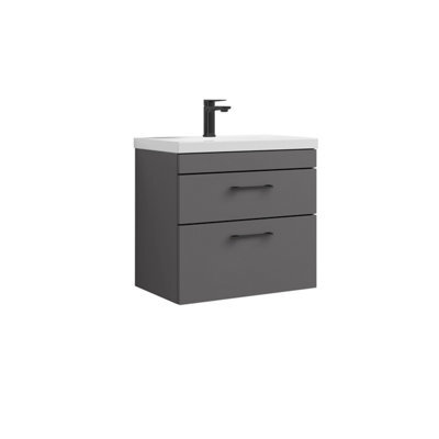 Rio 2 Drawer Wall Hung Vanity Basin Unit - 600mm - Gloss Grey With Square Black D-Shaped Handles (Tap Not Included) - Balterley - image 1