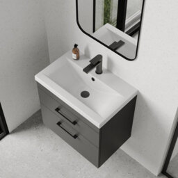 Rio 2 Drawer Wall Hung Vanity Basin Unit - 600mm - Gloss Grey With Square Black D-Shaped Handles (Tap Not Included) - Balterley - thumbnail 5