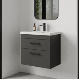 Rio 2 Drawer Wall Hung Vanity Basin Unit - 600mm - Gloss Grey With Square Black D-Shaped Handles (Tap Not Included) - Balterley - thumbnail 4