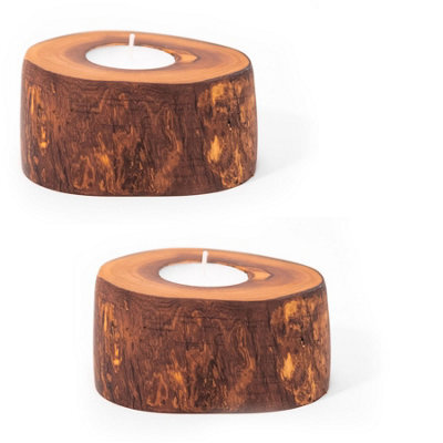 Verano Spanish Ceramics Olive Wood Natural Grained Home Décor Set Of 2 Rustic Tea Light Holders (Diam) 9Cm - image 1