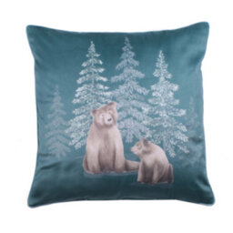 Dreams & Drapes Bear Walks Luxe Teal Velvet Filled Cushion - thumbnail 1