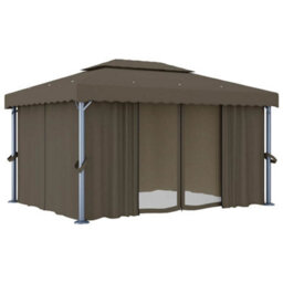 Berkfield Stylish Gazebo With Curtain&led String Lights 4X3 M Taupe - thumbnail 4