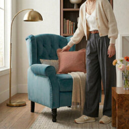 Velvet Wingback Recliner Armchair Manual Push Back Button Back Stud Detail - thumbnail 8