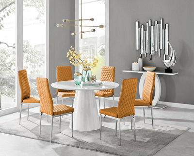 Furniturebox Uk Palma White High Gloss Round Dining Table & 6 Mustard Milan Chrome Leg Chairs - image 1