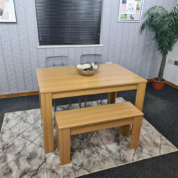 Kosy Koala Oak Effect Dining Table Set With 2 Grey Velvet Chairs And 1 Bench Dining Room Furniture