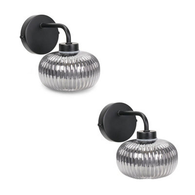 Valuelights Amaia Pair Of Black Ip44 Single Smoked Ribbed Glass Wall Lights With Led Bulbs - image 1