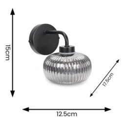 Valuelights Amaia Pair Of Black Ip44 Single Smoked Ribbed Glass Wall Lights With Led Bulbs - thumbnail 5