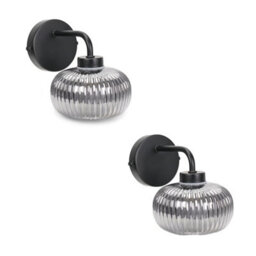 Valuelights Amaia Pair Of Black Ip44 Single Smoked Ribbed Glass Wall Lights With Led Bulbs - thumbnail 6