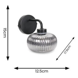Valuelights Amaia Pair Of Black Ip44 Single Smoked Ribbed Glass Wall Lights With Led Bulbs - thumbnail 7