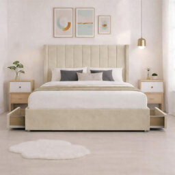 Luxury Cream Plush Milan King Size Bed Frame With Mattress 54 Inches Wingback Headboard 2 Footend Storage Drawers - thumbnail 2