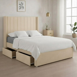 Luxury Cream Plush Milan King Size Bed Frame With Mattress 54 Inches Wingback Headboard 2 Footend Storage Drawers - thumbnail 1