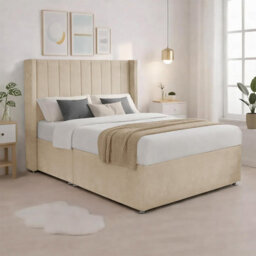 Luxury Cream Plush Milan King Size Bed Frame With Mattress 54 Inches Wingback Headboard 2 Footend Storage Drawers - thumbnail 3