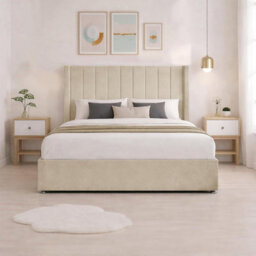 Luxury Cream Plush Milan King Size Bed Frame With Mattress 54 Inches Wingback Headboard 2 Footend Storage Drawers - thumbnail 4
